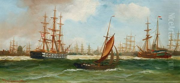 Ships In Front Of A Busy Harbour Oil Painting by Alfred Serenius Jensen
