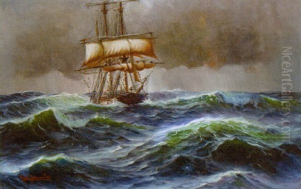 Marine Med Sejlskib Oil Painting by Alfred Serenius Jensen