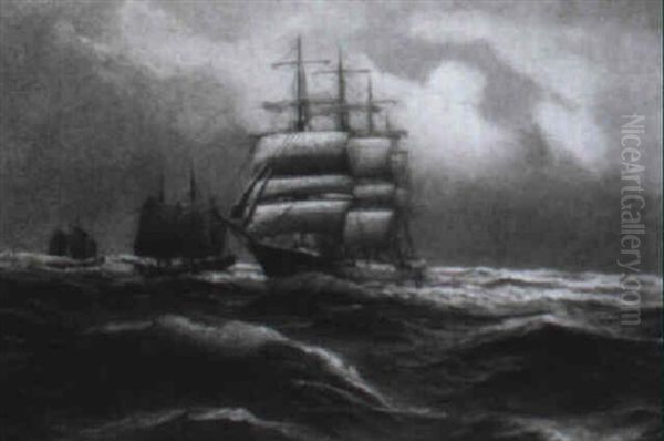 Viermastbark Und Dschunken Auf Bewegter See Oil Painting by Alfred Serenius Jensen