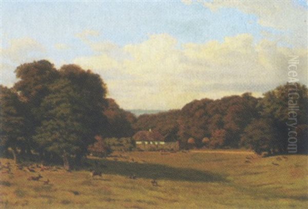 Skovlysning Med Strataekt Hus Og Kronvildt Oil Painting by Edvard Michael Jensen
