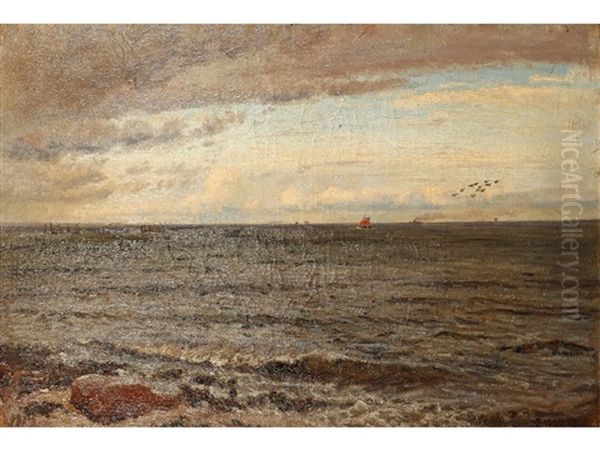 A Seascape With Boats In The Distance Oil Painting by Harold Wilhelm Jensen