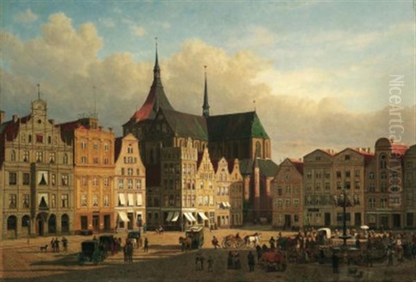 Der Alte Marktplatz Von Rostock. Am Brunnen Markthandler Oil Painting by Friedrich Jentzen