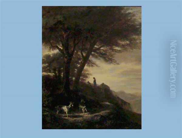 Bewaldete Berglandschaft Mit Ziegen Oil Painting by Jules Jequier
