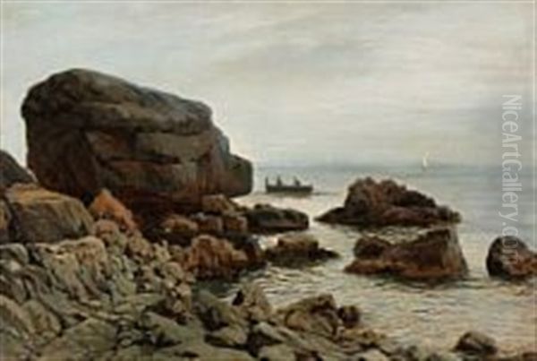 Rocky Coast, Presumably From Capri With Two Persons In A Rowboat Oil Painting by Harald Jerichau