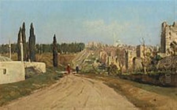 Turkish Landscape With Ruins, In The Background A Mosque Oil Painting by Harald Jerichau