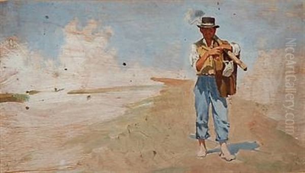 An Italian Farmer (study) (+ Cattle At A Fence, Verso) Oil Painting by Harald Jerichau
