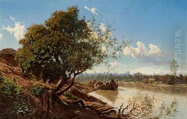 Boats Lying At Anchor On The Tiber, In The Background Rome Oil Painting by Harald Jerichau