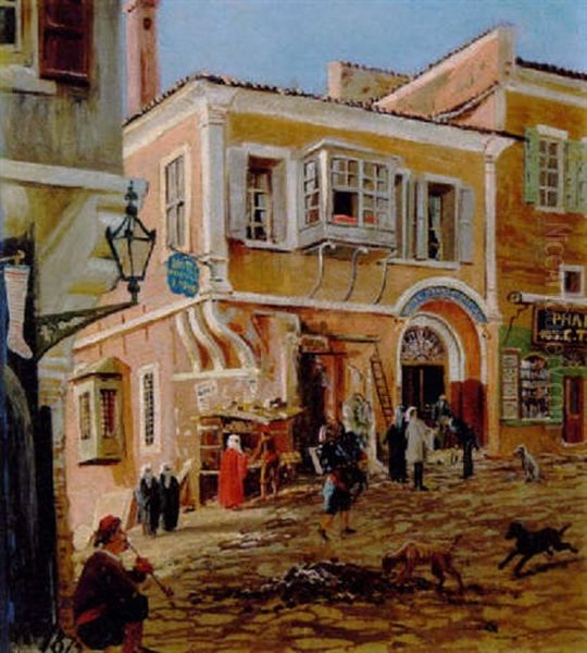 Sydlandsk Gadeparti Med Personer Foran Det Lokale Hotel D'angleterre Oil Painting by Harald Jerichau