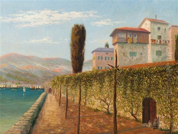 Mediterranean Harbour Town Oil Painting by Holger Hvitfeldt Jerichau