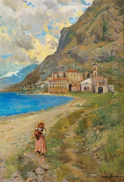 Fischerdorf An Ligurischer Kuste Oil Painting by Holger Hvitfeldt Jerichau