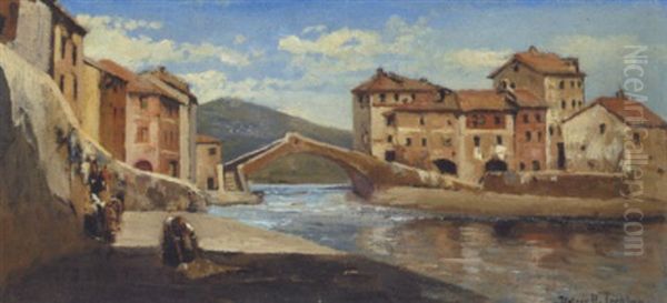 Sydlandsk Byparti Med Bro Over En Flod Oil Painting by Holger Hvitfeldt Jerichau