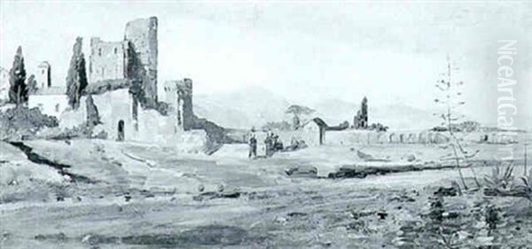 Italiensklandskab Med Figurer, I Baggrunden Sabinerbjergende Oil Painting by Holger Hvitfeldt Jerichau