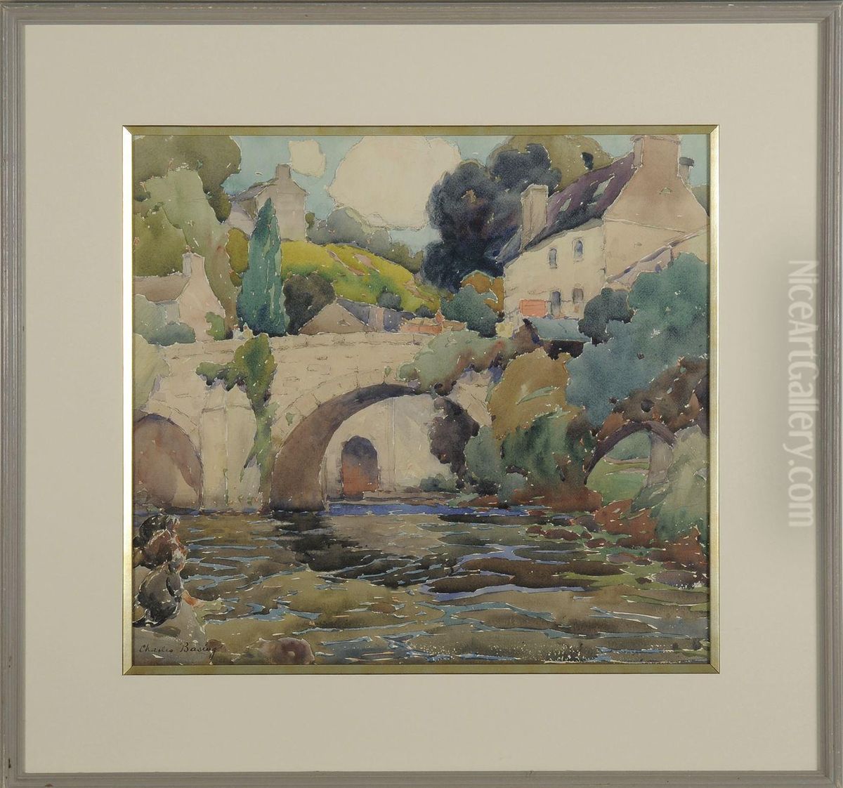 River View With Distant Bridge And Houses Oil Painting by Charles Basing