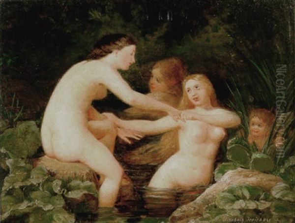 Tre Badende Piger I Et Vandlob I Skoven. En Lille Pige Ligger Pa Lur I Sivene Oil Painting by Elisabeth Anna Maria Jerichau-Baumann