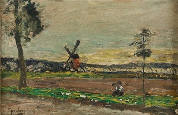 Landschaft Mit Windmuhle Und Rastendem Bauern (+ Landschaft Mit Spaziergangern, Lrgr; 2 Works) Oil Painting by Olof August Andreas Jernberg