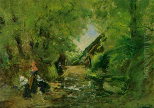 Frau Mit Kindern Im Wald Bei Concarneau Oil Painting by Olof August Andreas Jernberg