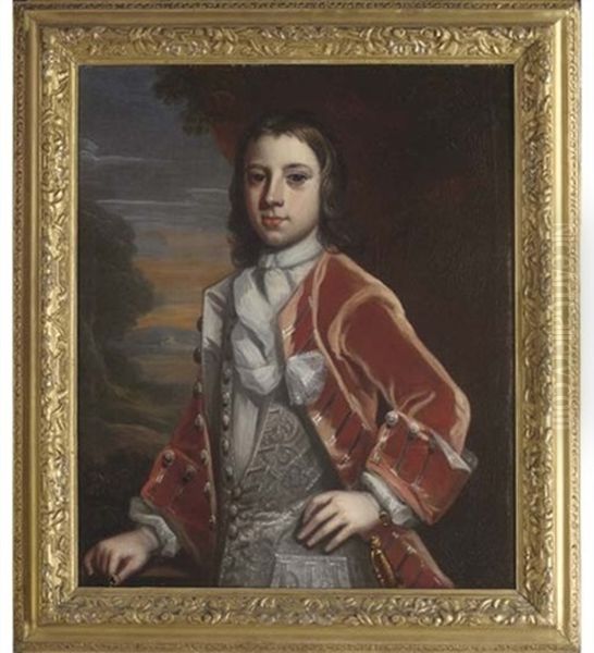 Portrait Of A Young Man In A Red Coat And Silver Waistcoat, Holding A Ring In His Right Hand, A Landscape Beyond Oil Painting by Charles Jervas