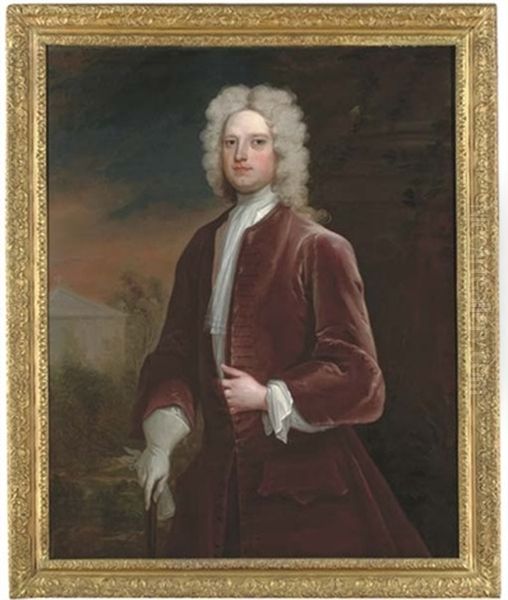 Portrait Of Sir Edward Bacon, Three-quarter-length, In A Maroon Coat, With A Walking Stick In His Right Hand, By A Column, In A Landscape, A Classical Building Beyond Oil Painting by Charles Jervas