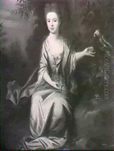 A Young Girl Seated In A Park Landscape Holding A Bunch Of  Grapes And Feeding A Cockatoo To The Right Oil Painting by Charles Jervas