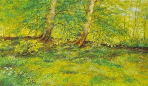 Ved Et Skovbryn, I Forgrunden Vilde Blomster Oil Painting by Henrik Gamst Jespersen