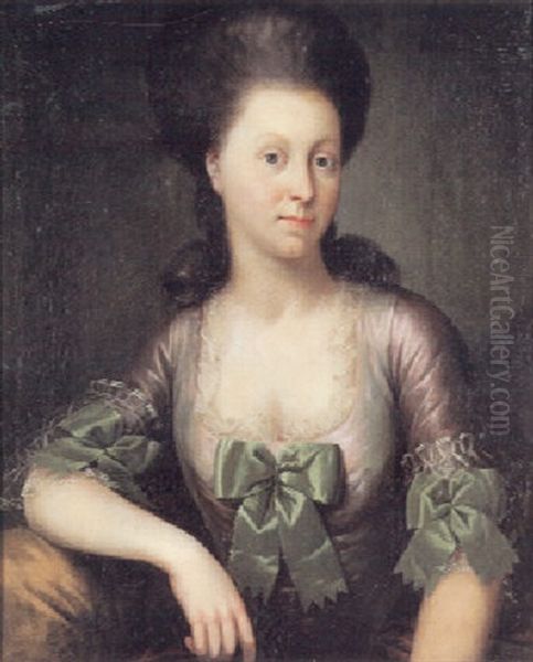 Portraet Af En Dame I Changerende Udringet Gronlig Taftkjole Oil Painting by Jes Jessen