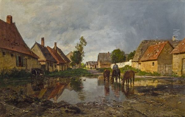 Dorfstrase Mit Trinkenden Pferden Oil Painting by Eugen Jettel