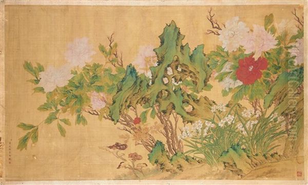 Peonies, Daffodils And Lingzhi Mushrooms Oil Painting by Jiang Tingxi