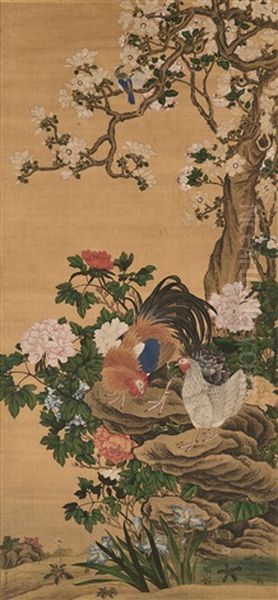 Birds And Flowers Oil Painting by Jiang Tingxi