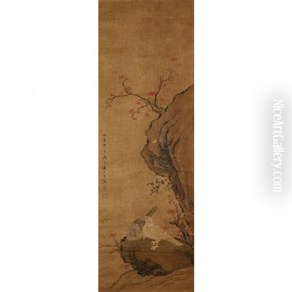 A Chinese Painting Of Pigeons On Cliff Oil Painting by Jiang Tingxi