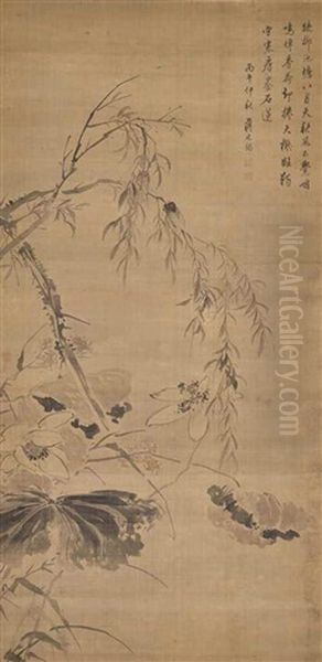 Cicada, Lotus And Willow Oil Painting by Jiang Tingxi