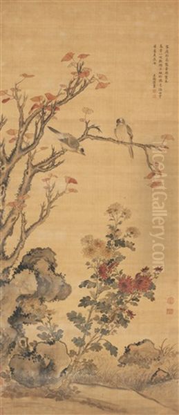 Birds On A Maple Tree Oil Painting by Jiang Tingxi