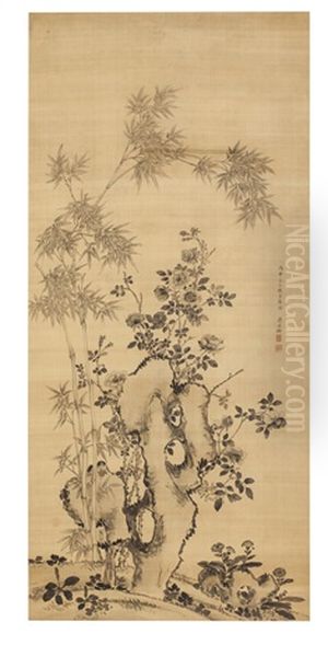 Bamboo, Roses And Rock Oil Painting by Jiang Tingxi