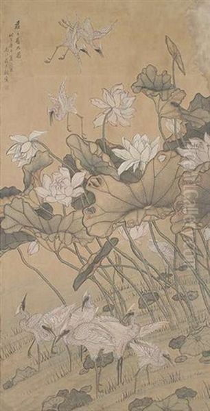Kraniche In Lotos Oil Painting by Jiang Tingxi