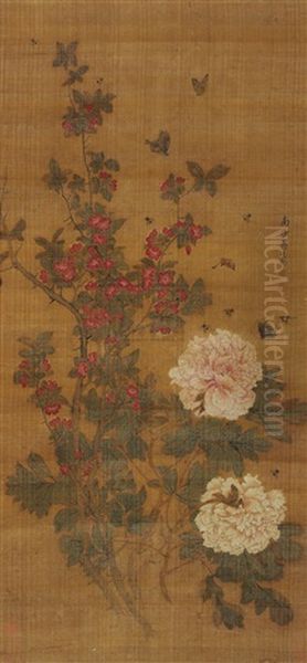 Poeny Bee And Butterfly Oil Painting by Jiang Tingxi