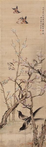 Bird And Flowers Oil Painting by Jiang Tingxi