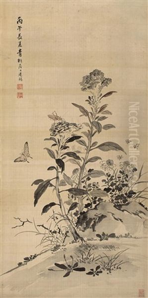 Butterfly And Flowers Oil Painting by Jiang Tingxi