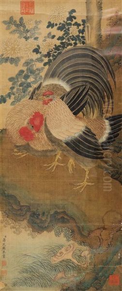 Cocks Oil Painting by Jiang Tingxi
