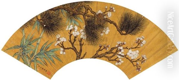 Pine Trees, Bamboo And Chrysanthemun Oil Painting by Jiang Tingxi