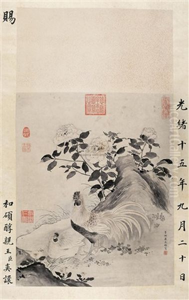 Chickens Oil Painting by Jiang Tingxi