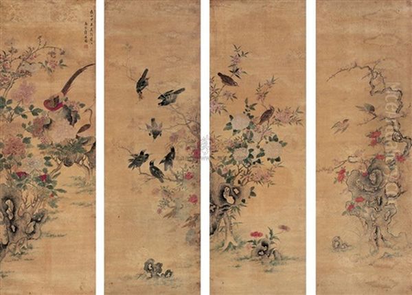 Flower And Bird (4 Works) Oil Painting by Jiang Tingxi