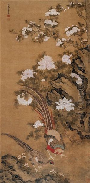 Peonies And Golden Pheasants Oil Painting by Jiang Tingxi