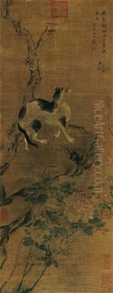 Cat And Butterfly Oil Painting by Jiang Tingxi