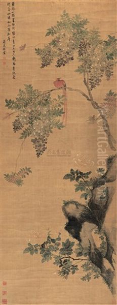 Birds And Flowers Oil Painting by Jiang Tingxi