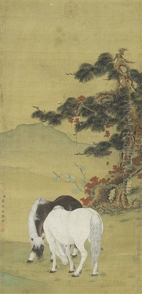 Horses Grazing Oil Painting by Jiang Tingxi