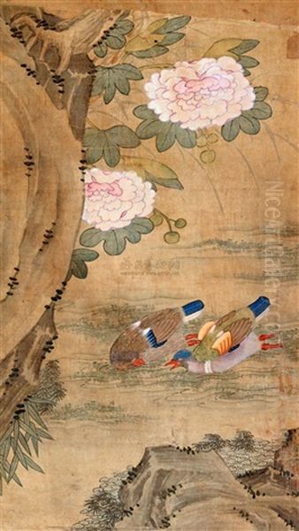 Lotus And Mandarin Duck Oil Painting by Jiang Tingxi