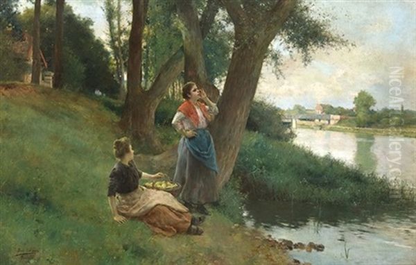 A La Orilla Del Rio.( Pontoise) Oil Painting by Luis Jimenez Y Aranda