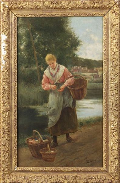 Young Lady W/vegetable Basket Oil Painting by Luis Jimenez Y Aranda