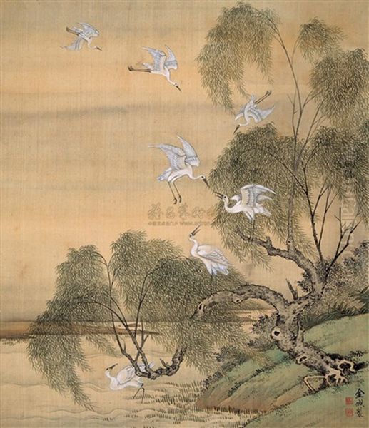 Flying Egrets And Willow Oil Painting by Jin Cheng
