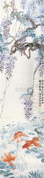 Fish And Wisteria Oil Painting by Jin Cheng