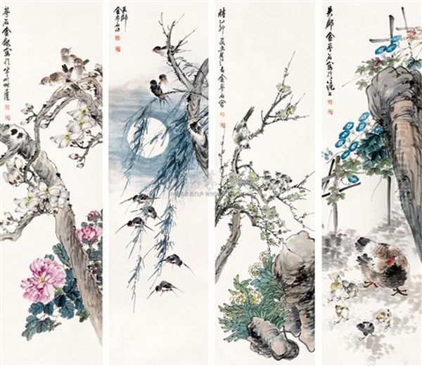 Flowers And Birds (+ 3 Others; 4 Works) Oil Painting by  Jin Mengshi